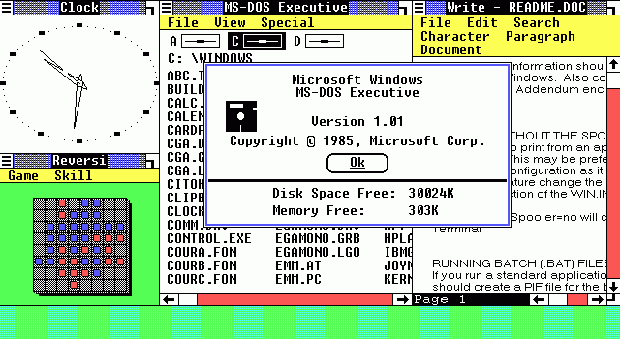 Windows 1.01 рабочий стол (1985)