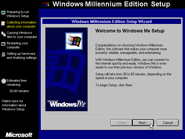 Windows ME экран установки (2000)