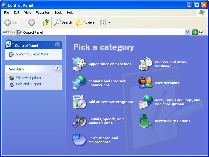 Windows XP панель управления (2001)