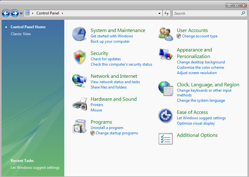 Windows Vista панель управления (2006)