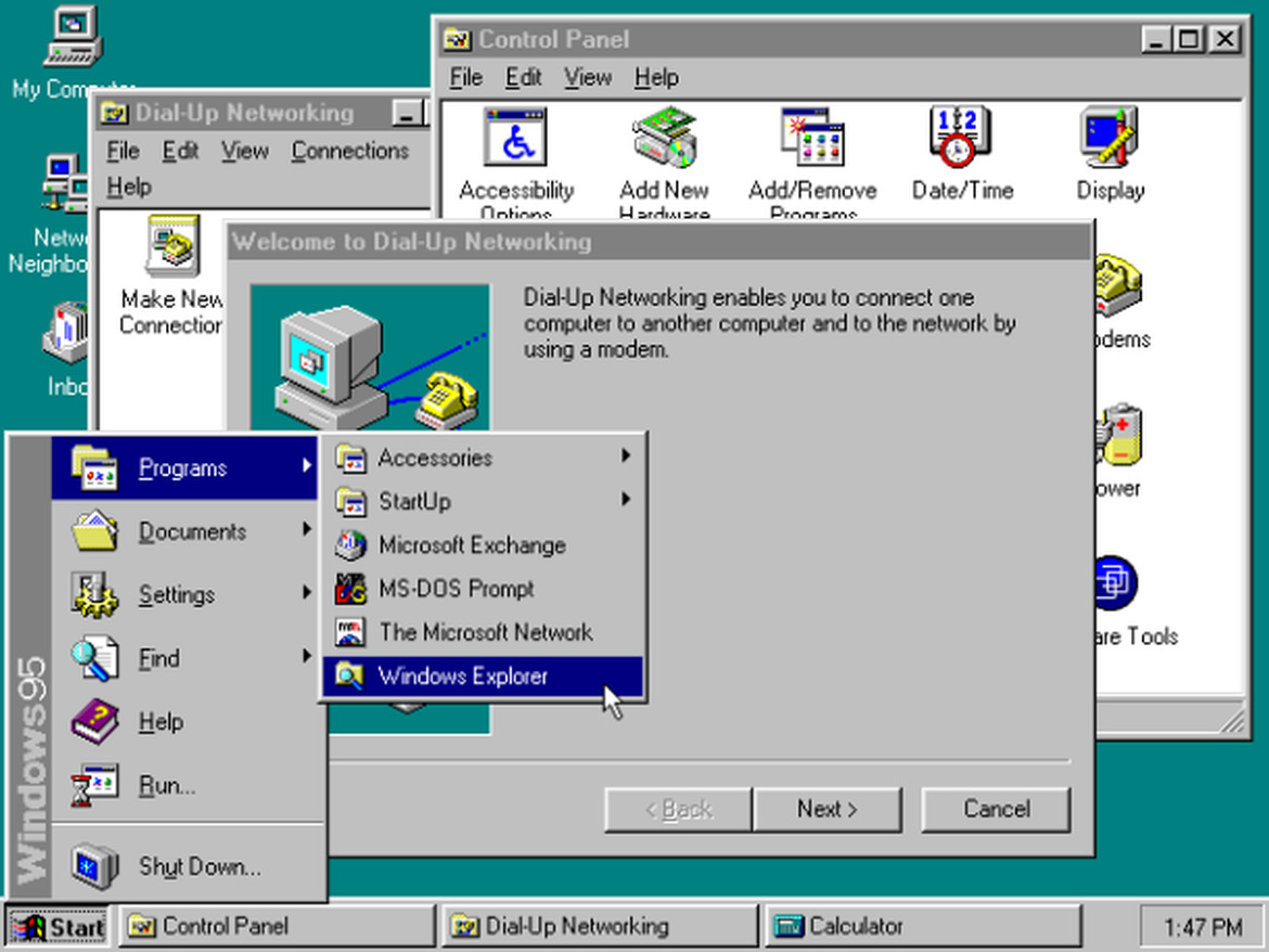 Windows 95 рабочий стол с приложениями (1995)