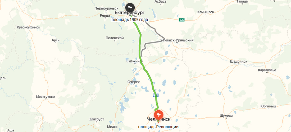 Расстояние между Челябинском и Екатеринбургом